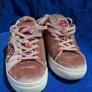 Velvet Pink Sneakers with Embroidered Patches